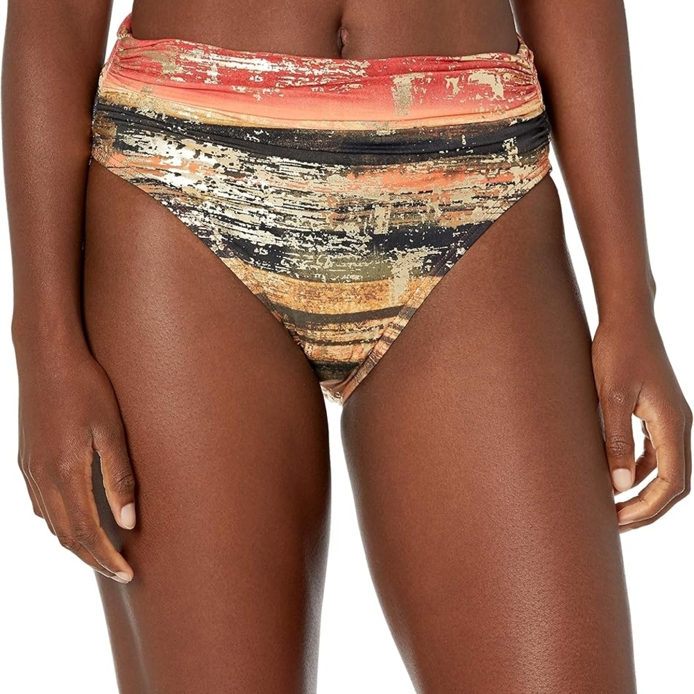 Carmen Marc Valvo Gold Shimmer High Waist Bikini Bottom Red Sunset Ruched NWT